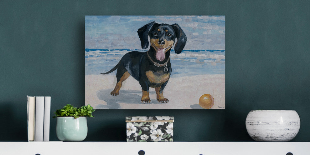"Playful Dachshund" Painting Print on Wrapped Canvas, 12"x8"