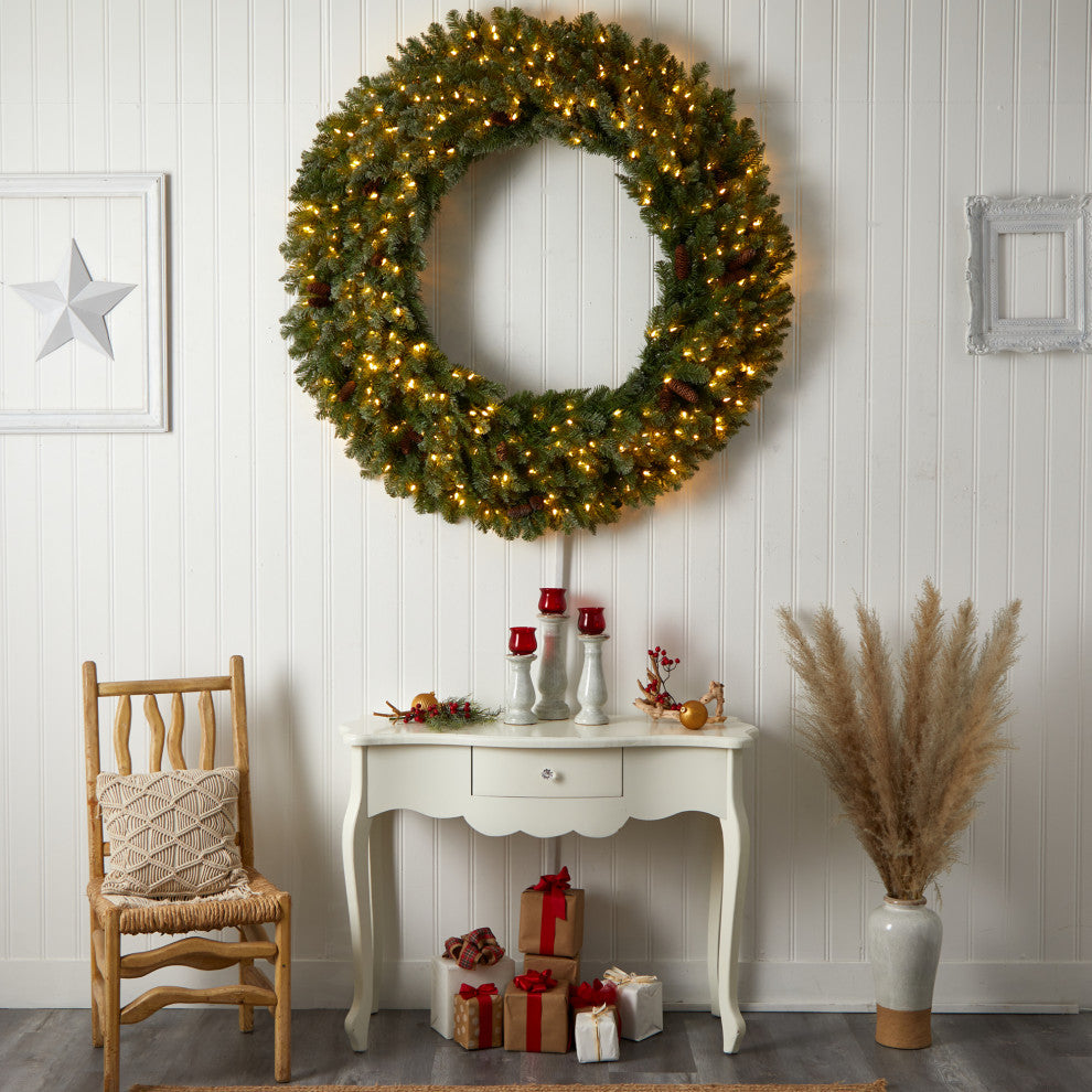 5' Flocked Faux Xmas Wreath W/Pinecones, Clear LED Lights & Bendable Branches