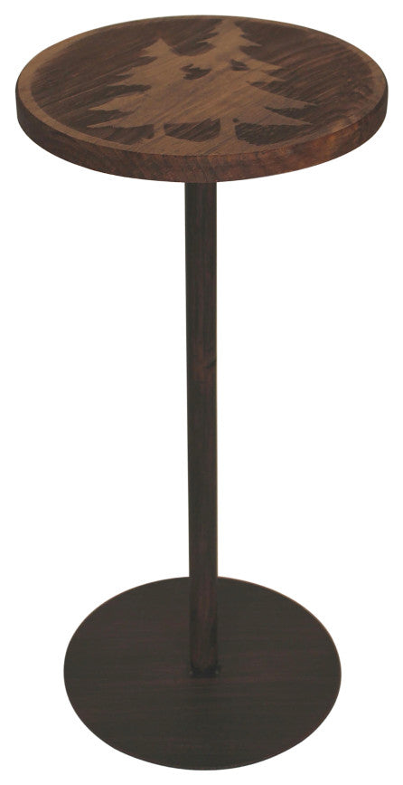 Burnt Sienna Iron and Stained Wood Round Drink Table With Pine Trees