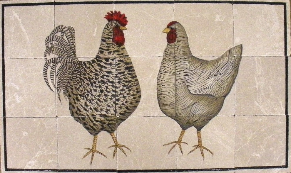 Contemporary Chickens Mural Tile Art, 30"x18"