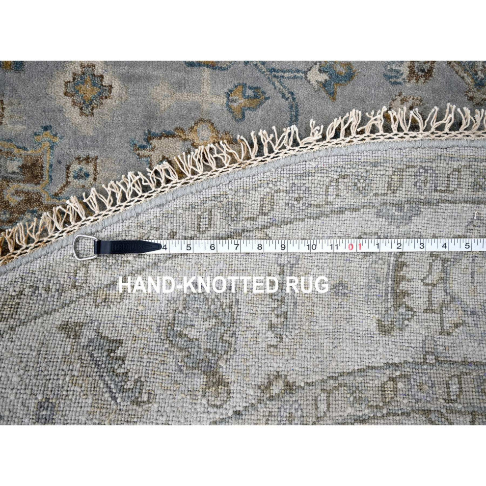 Lavender Gray Hand Knotted Karajeh Geometric Medallion Wool Round Rug 6'2"x6'2"