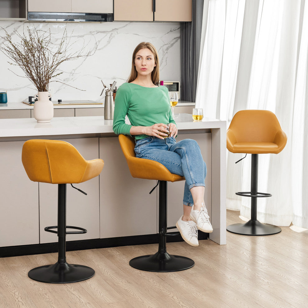 Set of 3 Adjustable Swivel Bar Stool, Mustard Yellow