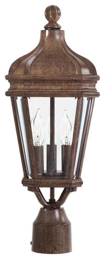 3-Light Post Mount, Vintage Rust With Clear Beveled Glass