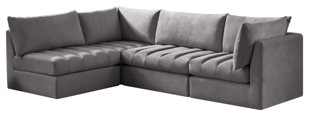 Jacob Velvet Upholstered 4-Piece L-Shaped Modular Sectional, Grey