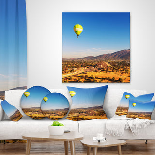 Large Yellow Balloon Over Mountains Landscape Printed Throw Pillow, 18"x18"