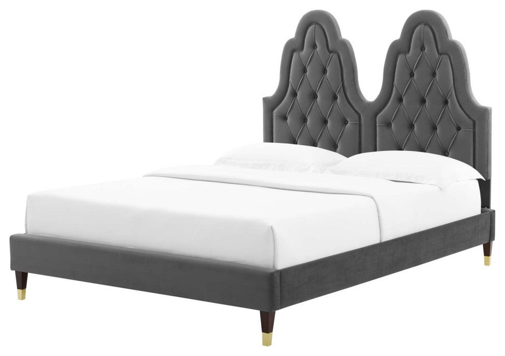 Tufted Platform Bed Frame, King Size, Velvet, Gray, Modern Contemporary