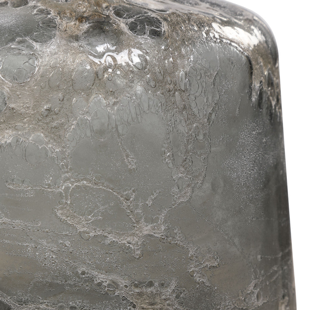Textured Art Glass Bottle Gray Silver Storm Drip Large Jar Vase, 2-Piece Set