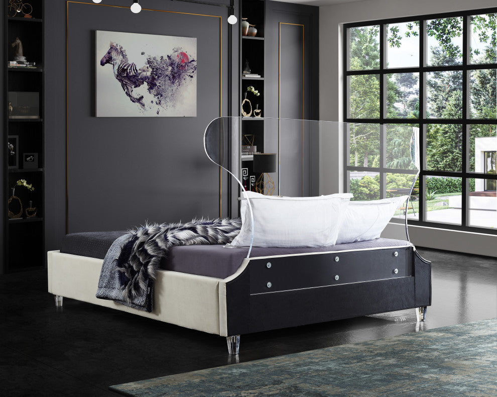 Ghost Velvet Upholstered Bed, Cream, Full