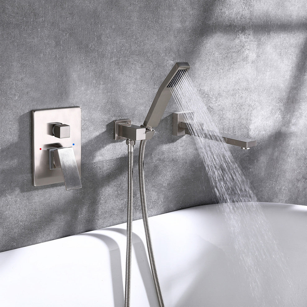 Wall Mounted Double Handle Roman Tub Faucet with Hand Shower, Brushed Nickel