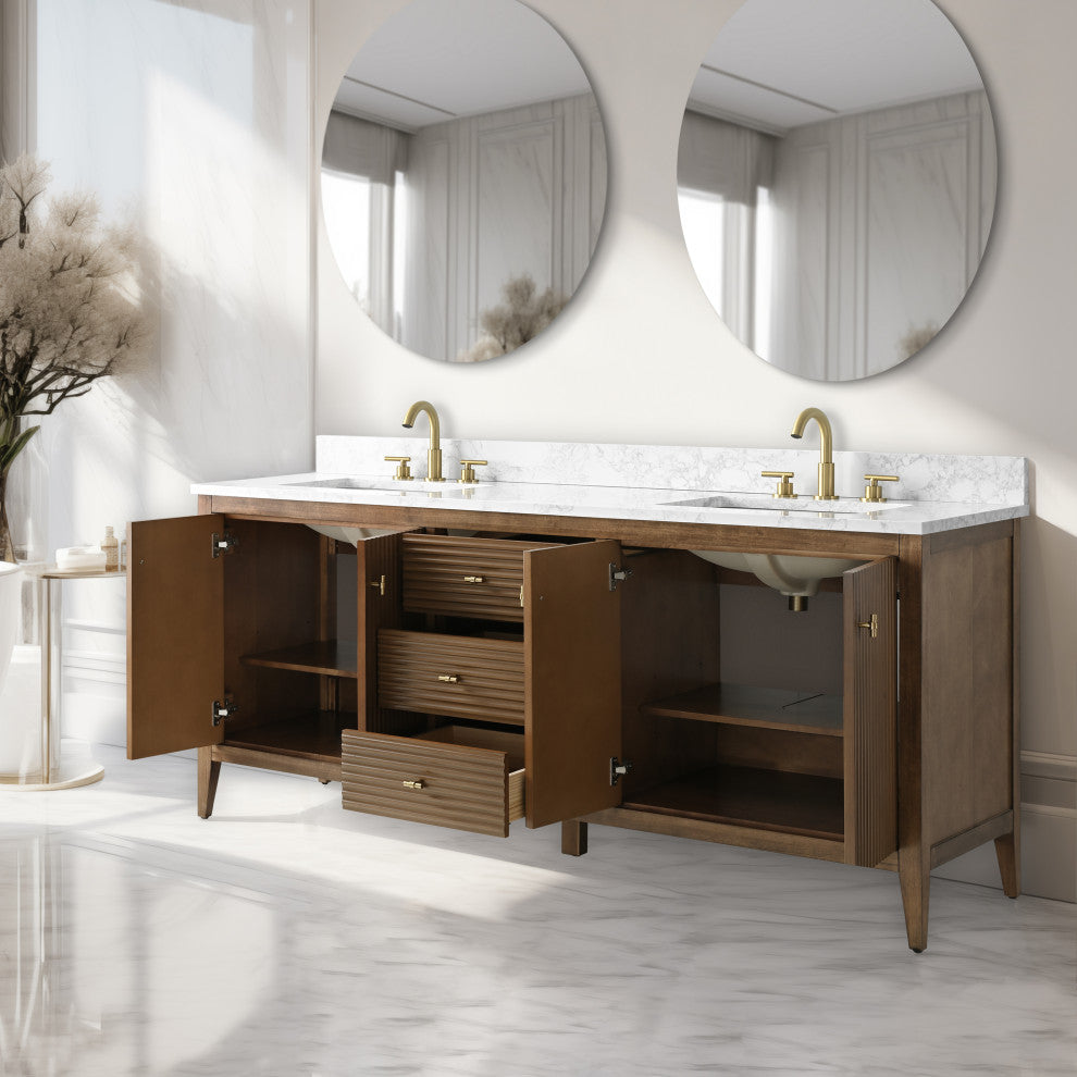 Vanity Art Freestanding Vanity, Walnut, 72", Double Sink, Golden Brushed