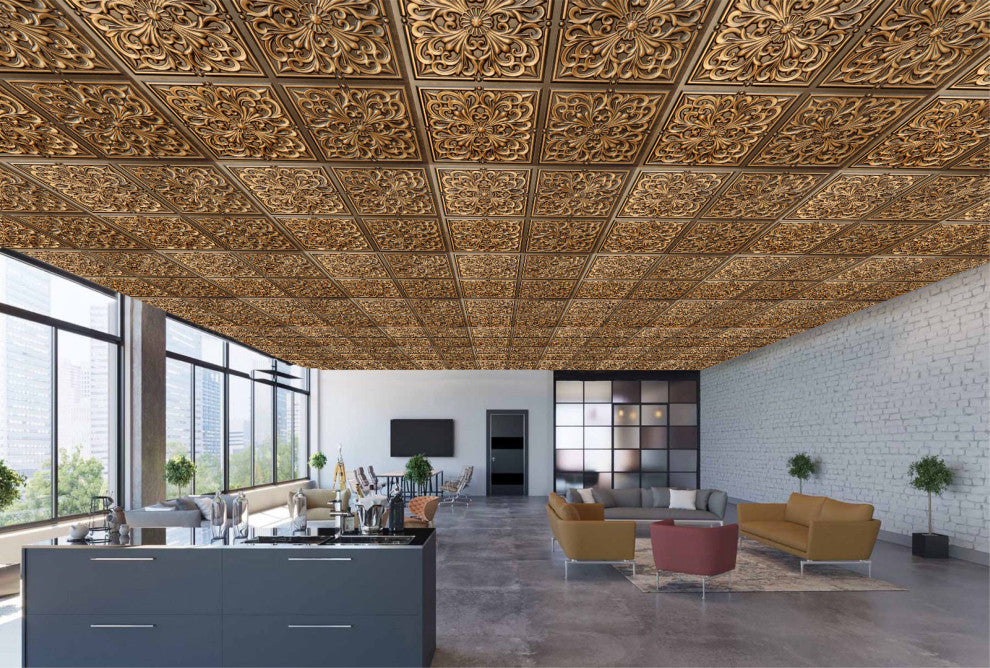 Antique Gold 3D Ceiling Panels, 2'x2', 100 Sq Ft, Pack of 25