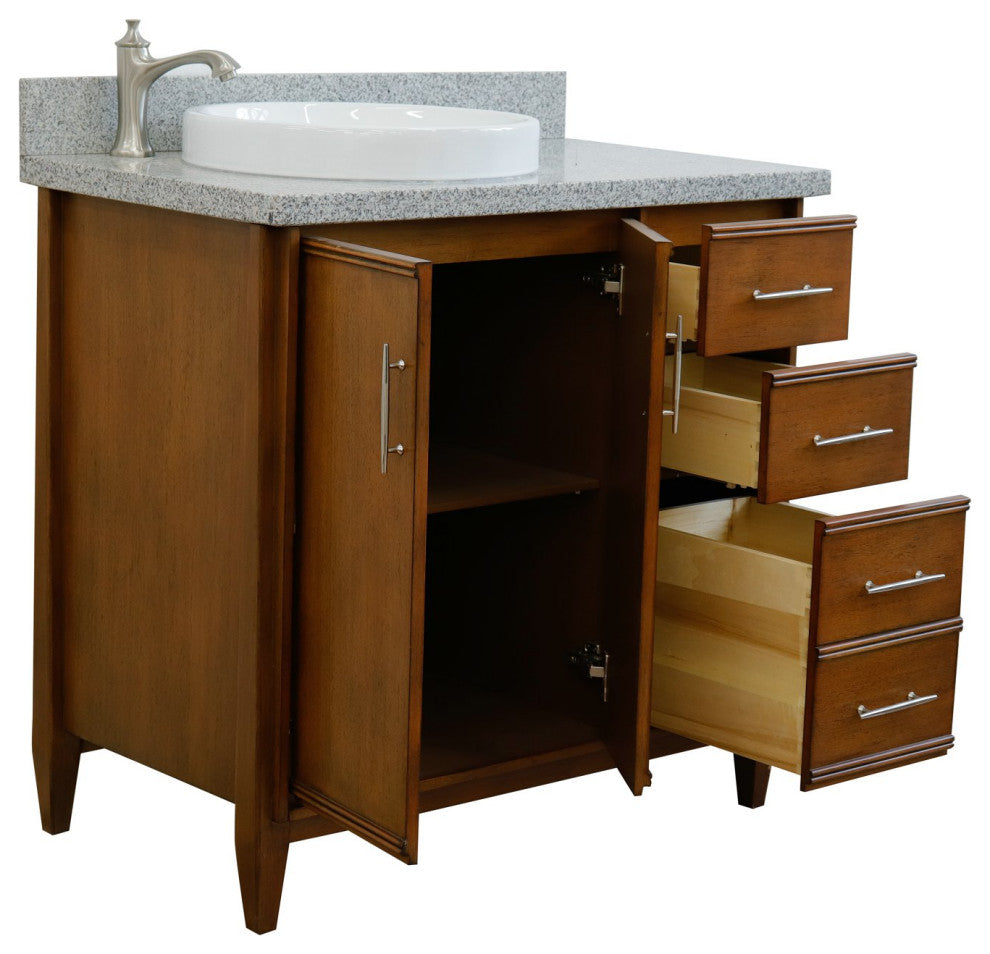 37" Single Vanity, Walnut Finish With Gray Granite