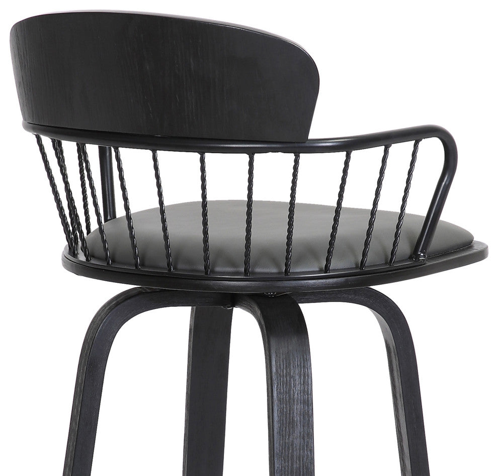 Willow 25.5" Swivel Black Wood Counter Stool Gray Faux Leather with Black Metal, 30