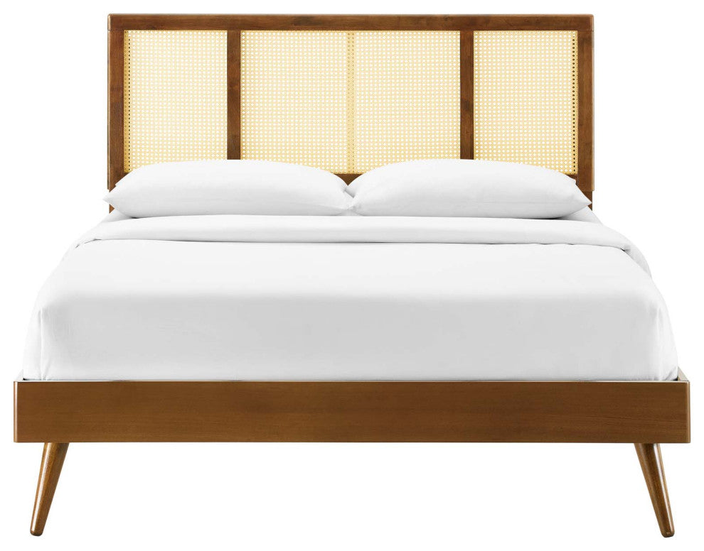 Platform Bed Frame, Full Size, Wood, Brown Walnut, Modern Mid-Century, Bedroom