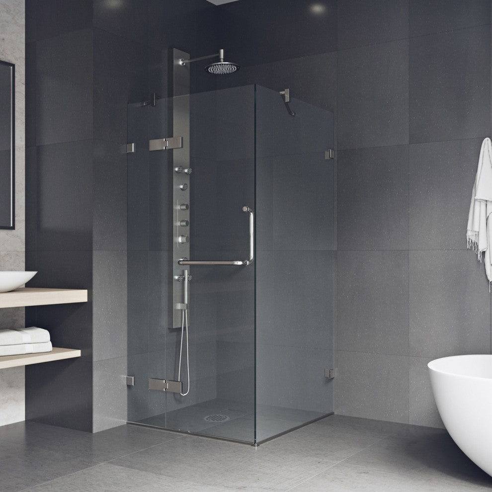 VIGO Monteray 30"D x 30"W x 73"H Frameless Hinged Shower Enclosure, Brushed Nickel, Without Base