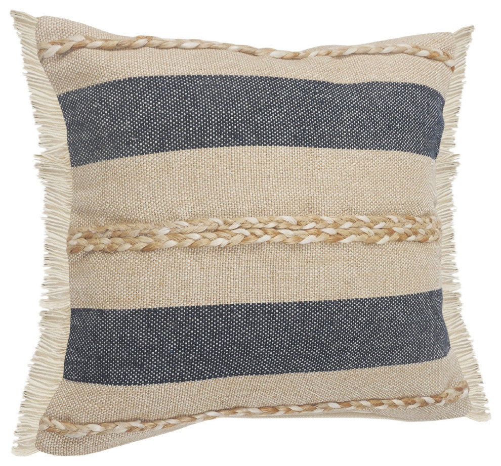 Atlantis Coastal Striped Throw Pillow with Jute Braiding and Fringe, 20" X 20"