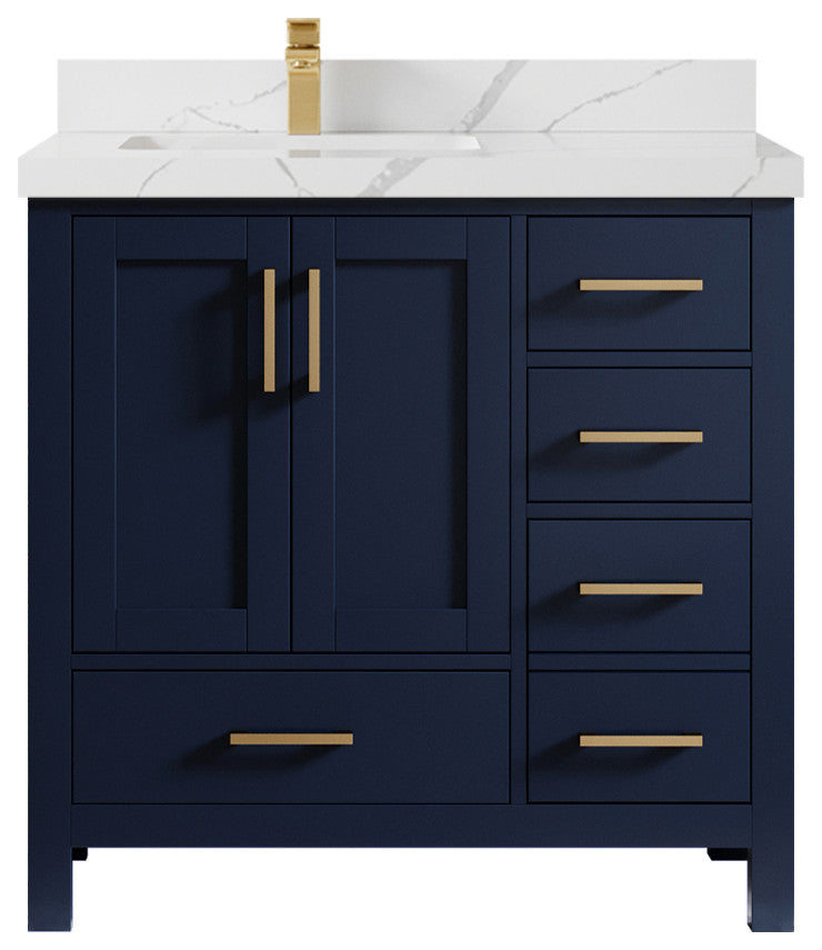 Malibu 36 Left Offset Bath Vanity in Navy Blue 2" Calacatta Laza
