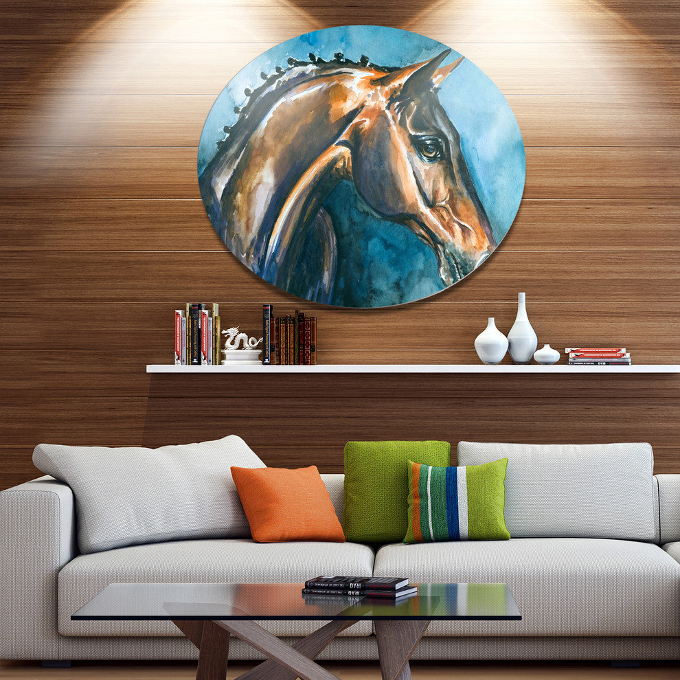 Brown Horse On Blue Watercolor, Animal Round Wall Art, 11"