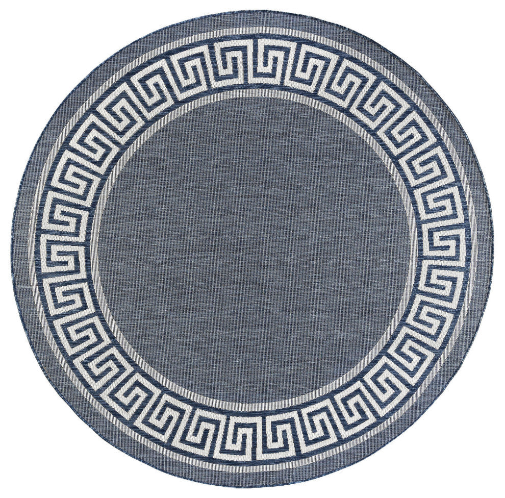 Giovanna Transitional Greek Key Navy/Cream Round Indoor/Outdoor Area Rug, 8'