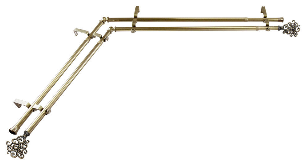 Fabritio 13/16" Double Corner Window Curtain Rod, Antique Brass, 28-48"