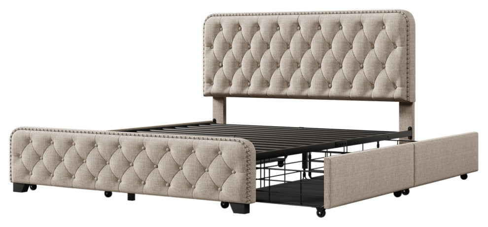 Metal Platform Bed with Headboard, Upholstered and 4-Drawer, Beige, 84.6" X 64.6"