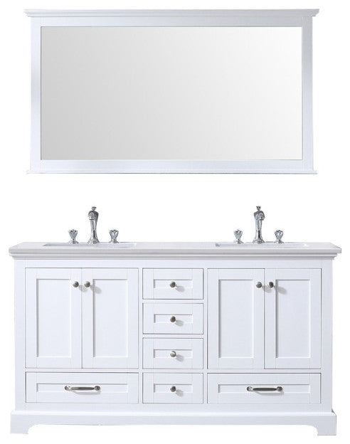 Dukes 60" White Double Square Sink Vanity with Quartz Top, With Faucet and Mirro