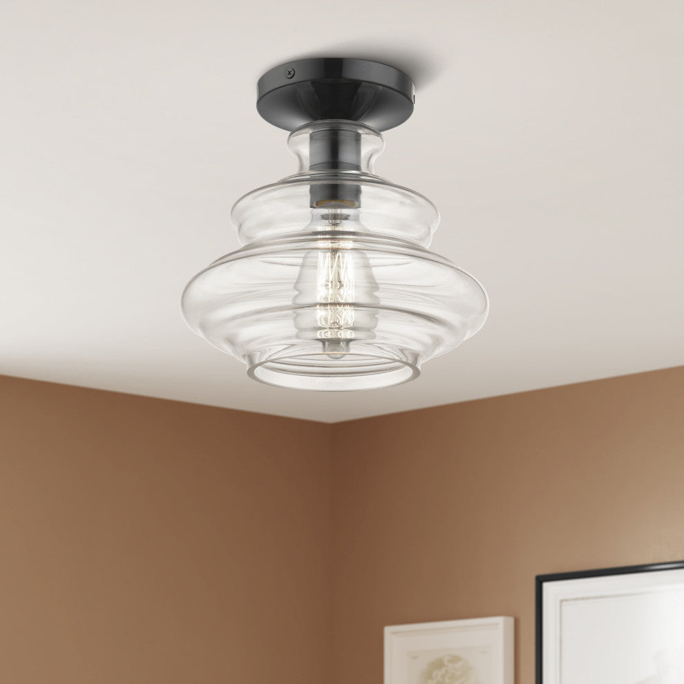 1 Light Shiny Black Semi-Flush, Chrome Finish Accents
