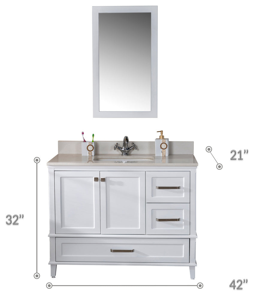 Nera Collection 42" Bathroom Vanity With Sink, Mirror, Countertop, White