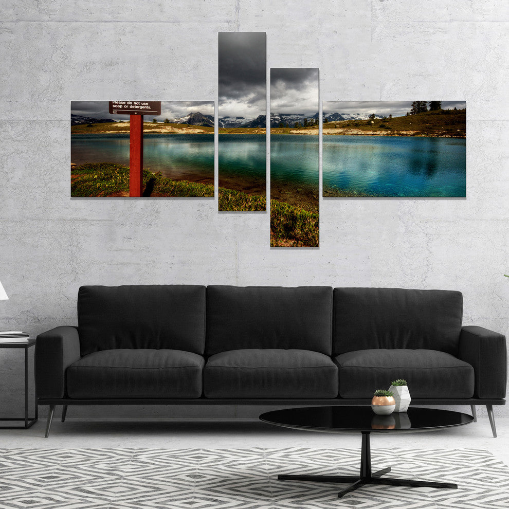 Azure Mountain Lake with Clouds, Landscape Canvas Art Print, 60"x32", 4 panels