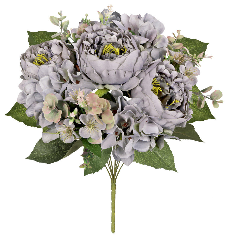 Set of 2 Grey Artificial Peony Hydrangea Flower Stem Bush Bouquet 17"