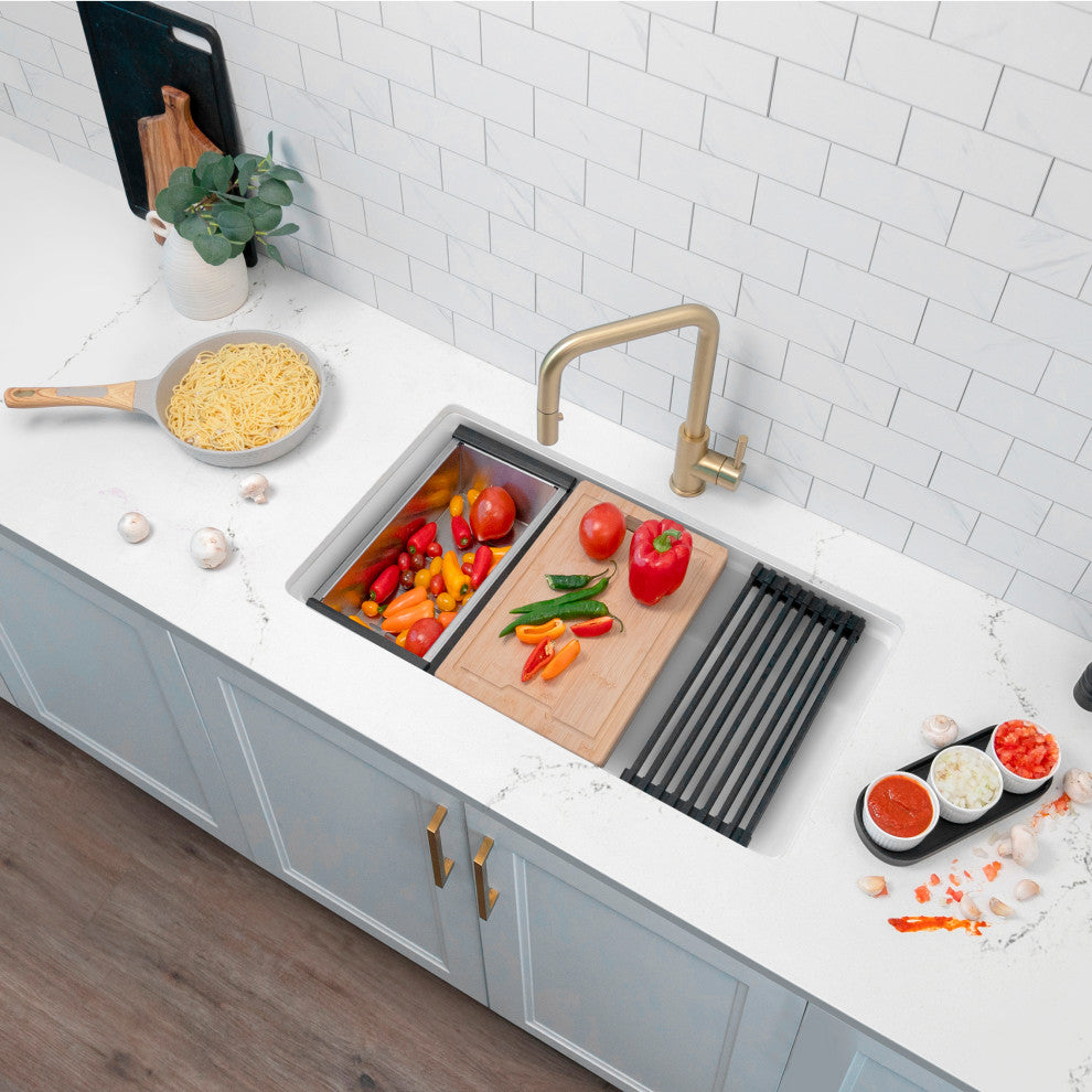 Stylish 28" Dual Mount Single Bowl White Granite Kitchen Sink