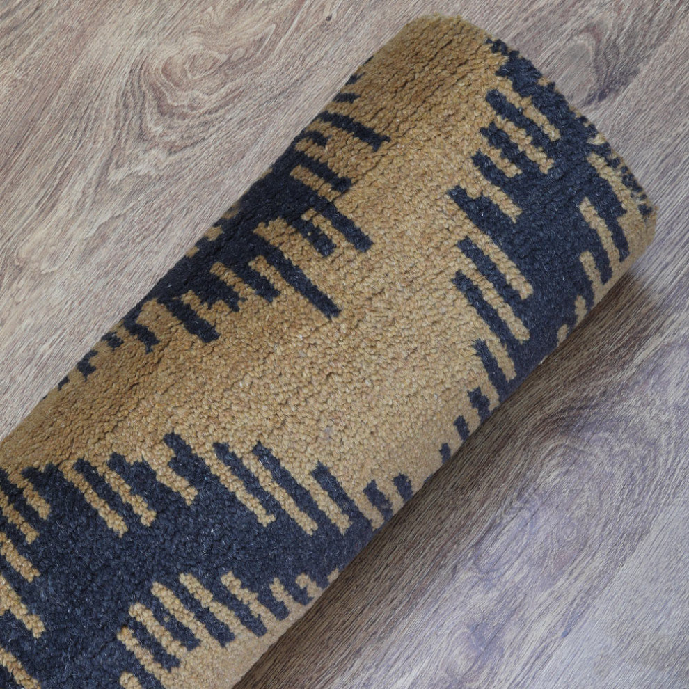 Hand Knotted Wool Area Rug Geometric Gold Charcoal