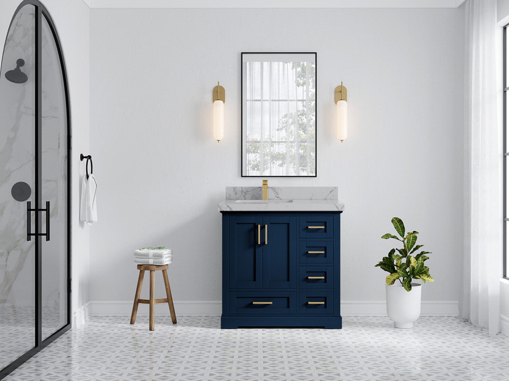 Boston 36 Left Offset Bath Vanity in Navy Blue 2" Venatino Quartz
