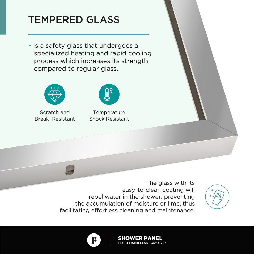 Single Fixed Glass Shower Panel - Clear Tempered Frameless Shower Glass Door, Polished Chrome, 34"