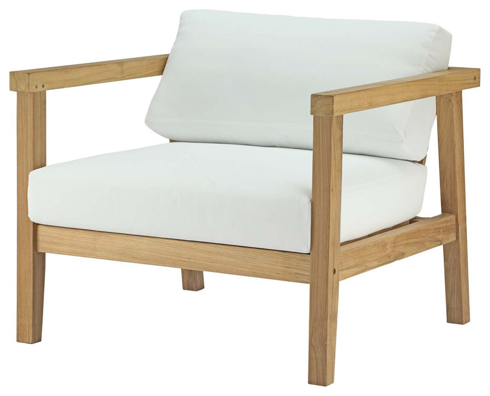 Sectional Sofa Chair Table Set, White Natural, Teak Wood, Modern, Outdoor Patio