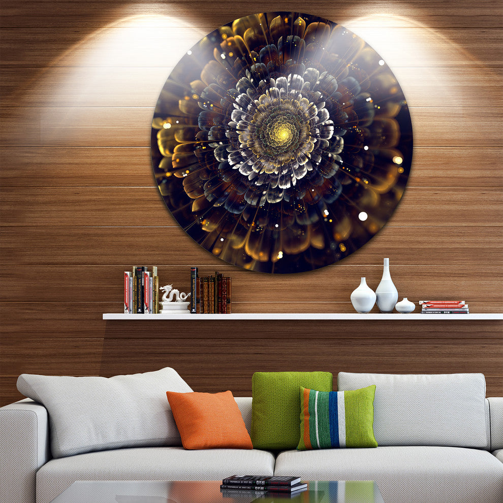 Yellow Fractal Flowers With Violet, Digital Art Disc Metal Artwork, 23"