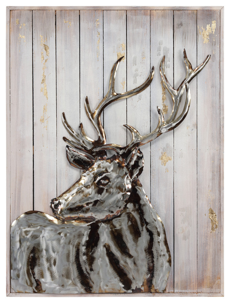 "Deer 2" Hand Painted Iron Wall Sculpture on Slatted Solid Wood Wall Art 40"x30"