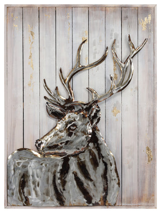 "Deer 2" Hand Painted Iron Wall Sculpture on Slatted Solid Wood Wall Art 40"x30"