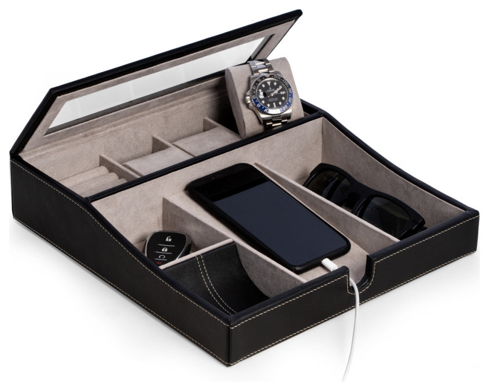 Black Leather Valet Tray, Multi-Comparment Storage