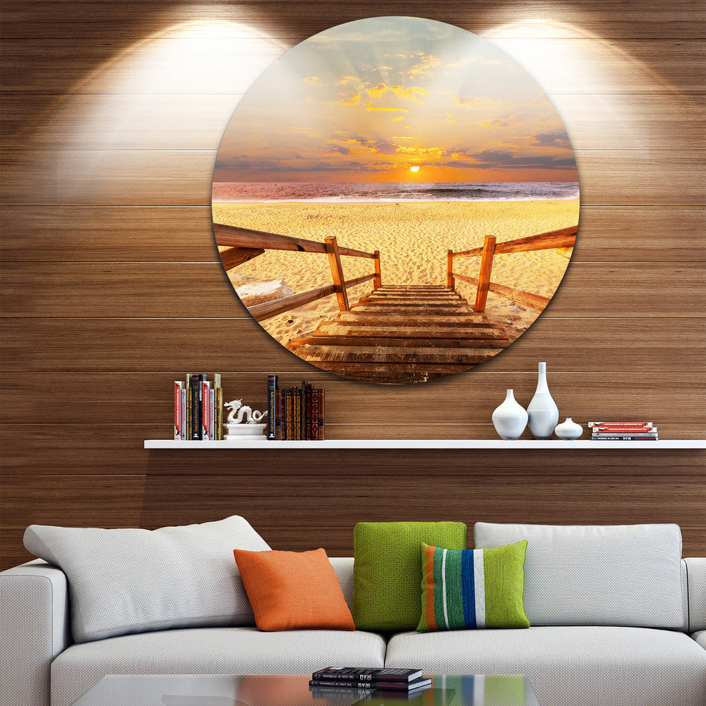 Brown Wooden Boardwalk Into Beach, Sea Bridge Disc Metal Wall Art, 36"