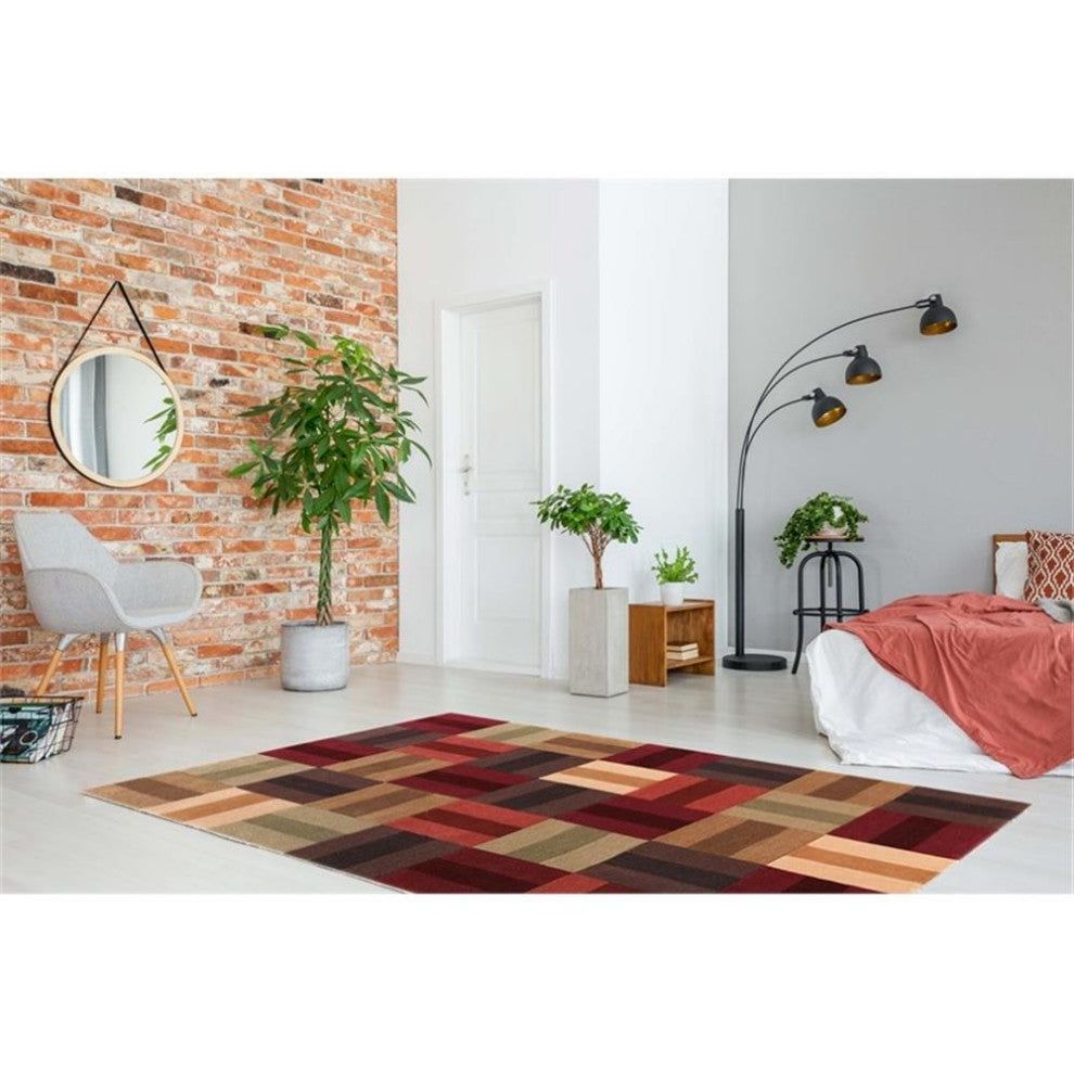 Linon Trio Boxes Hand Tufted Polyester 96" x 120" Rug in Burgundy Red