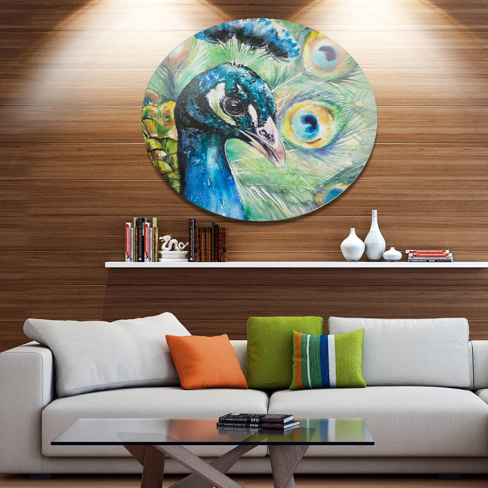 Larger Peacock Watercolor, Animal Large Disc Metal Wall Art, 36"