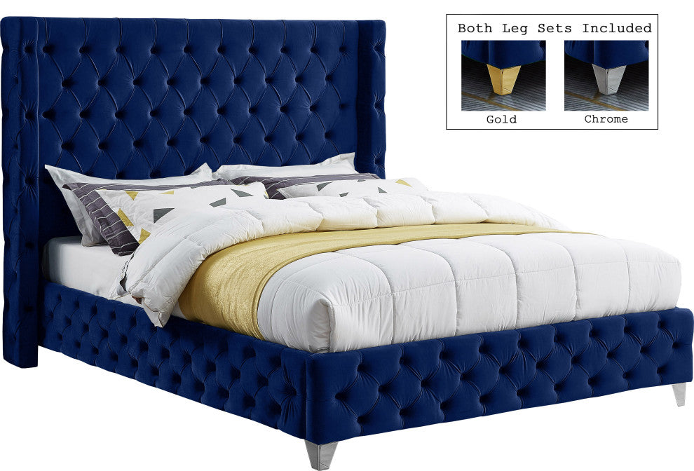 Savan Velvet Upholstered Bed, Navy, King