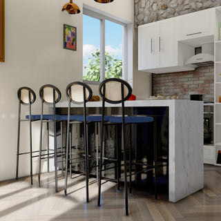 LeisureMod Euston Wicker Bar Stool With Black Steel Frame and Footrest, Navy Blue