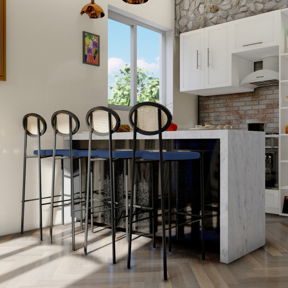 LeisureMod Euston Wicker Bar Stool With Black Steel Frame and Footrest, Navy Blue