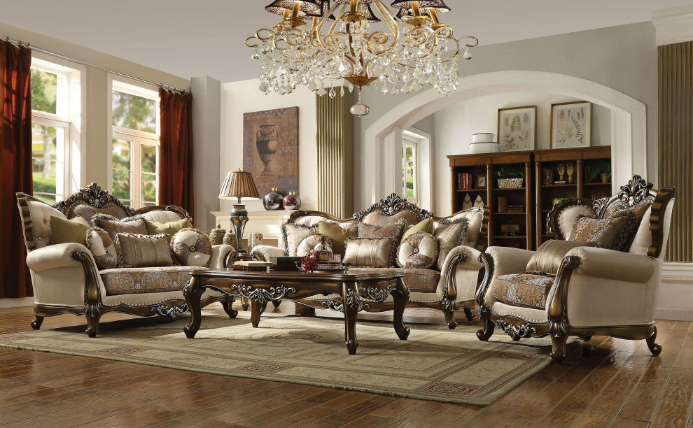 Latisha Loveseat With5 Pillows, Tan, Pattern Fabric and Antique Oak