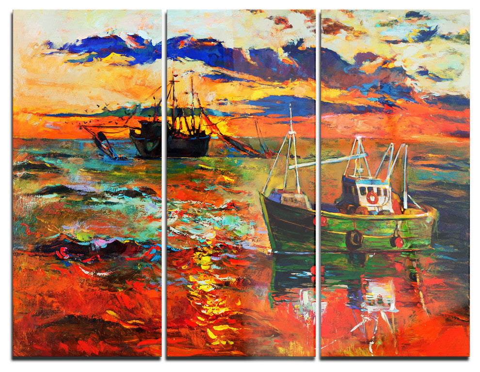 "Colorful Fishing Ships" Metal Wall Art, 3 Panels, 36"x28"