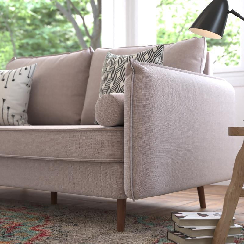 Evie Mid-Century Modern Sofa With Fabric Upholstery and Solid Wood Legs, Taupe