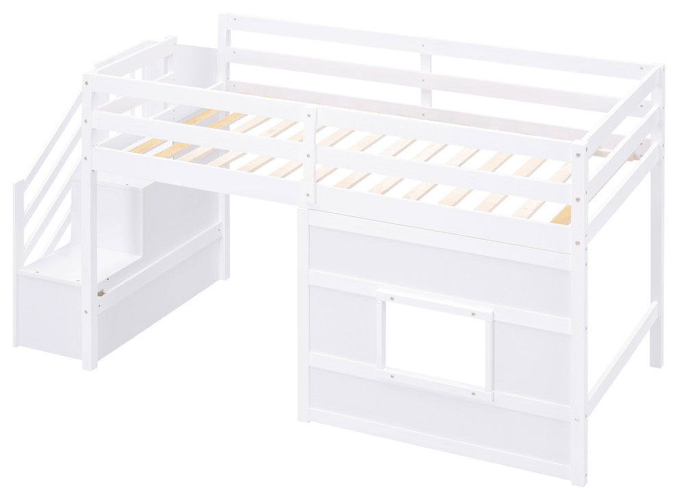 Gewnee Twin Size Loft Bed with Storage Staircase and Window