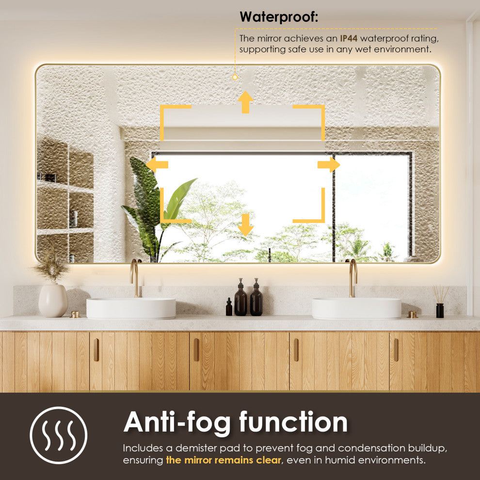 Dazzle Rectangular Bathroom/Vanity LED Lighted Wall Mirror, Brushed Gold, 84"